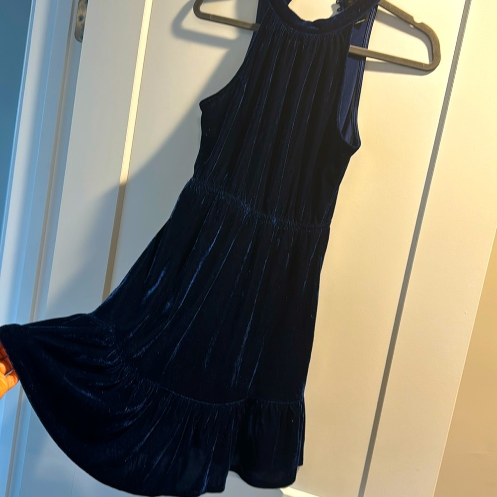 Blue velvet Aqua Dress with high neck and ruffled bottom